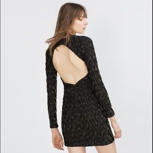 ZARA W&B Collection Open Back Long Sleeve Black/Metallic Gold Dress L
